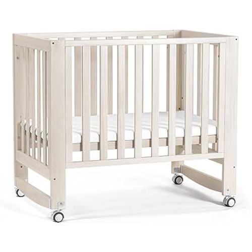 EvoNest Baby Crib, 6 in 1 Convertible Mini Crib with Wheels, 100% New Zealand Pinewood Growing Bed, 4 Adjustable Mattress Height (Washed Natural,Mini)