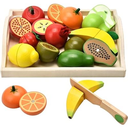 Wooden Toys for 2 Year Old - Pretend Play Food Set for Kids Play Kitchen,9 Cuttable Toy Fruit and Veg with Wooden Knif and Tray,Gift Idea for Boys Girls Birthday
