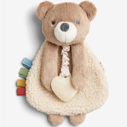 Itzy Ritzy - Itzy Lovey Including Teether - Baby Lovey with Teether, Textured Ribbons & Dangle Arms - Features Crinkle Sound, Sherpa Fabric and Minky Plush (Bear)