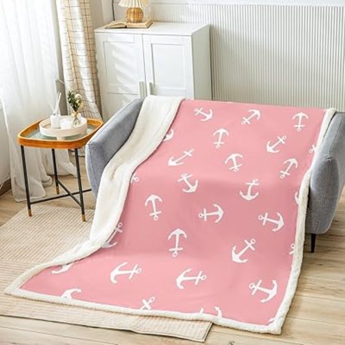 Manfei White Anchor Kids Throw Blanket Ocean Sailboat Pink Bed Blanket for Girls Teens Adults Room Decor, Nautical Theme Blanket for Couch Sofa, Soft and Breathable Fleece Blanket(30 x 40 Inches)