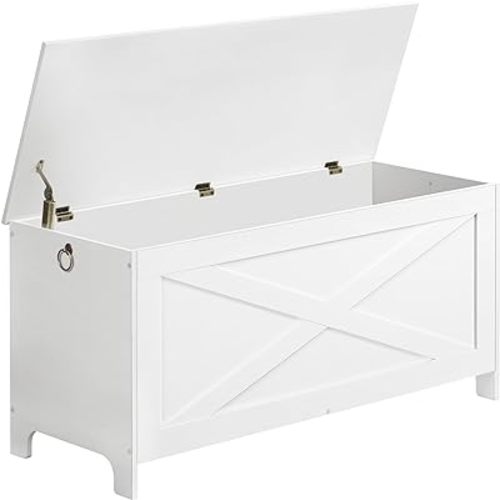 39.4" Toy Chest, Sturdy Entryway Storage Chest with Safety Hinges, Retro Toy Box, Wooden Look Accent Furniture for Living Room, Bedroom, White SCWT48101Z1
