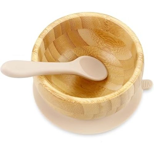 PandaEar Baby Bamboo Suction Bowl with Silicone Spoons, Wooden Baby Bowls for Toddlers & Kids, Divided Non-Slip Wooden Bowl Feeding Supplies