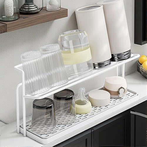 Water Bottle Drying Rack With Drain Tray - 2-Tier Kitchen Cup Storage and Mug Organizer (White)