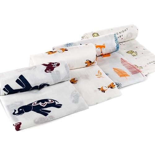 upsimples Baby Swaddle Blanket Unisex Swaddles Wrap Soft Silky Muslin Neutral Receiving Blankets for Boys and Girls, Large 47 x 47 inches, Set of 4 - Sika Deer/Elephant/Lion/Fox