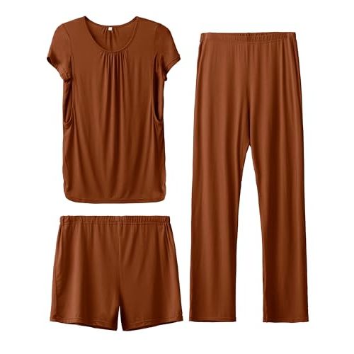 SUNNYBUY Womens Maternity Nursing Pajamas Set, Short Sleeve Breastfeeding Shirts，Pregnancy Shorts & Pants 3 Piece Nursing PJS