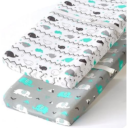 Stretchy Changing Pad Covers for Boys Girls,2 Pack Jersey Knit,Elephant & Whale