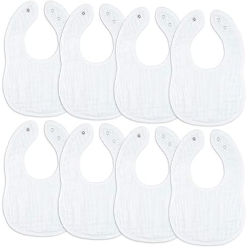 Comfy Cubs Muslin Baby Bibs, Drool Bibs, 100% Cotton Adjustable with Easy Snaps, Teething & Drooling, Soft & Absorbent - White - Pack of 8
