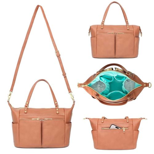 MOMINSIDE Small Diaper Bag, Mini Diaper Tote, Leather Diaper Bag Purse, Crossbody Baby Bag with 13 Pockets, Diaper Clutch for Women Mom, 2 Insulated Pockets(Brown)