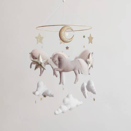 Grey Horse Baby Mobile with Pink Manes: Felt Crib Hanging for Celestial Nursery Decor