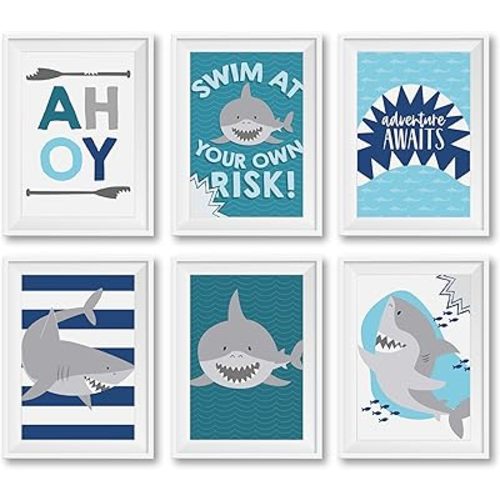 6 Reversible 8x10 Shark Wall Art Prints, Shark Decor For Boys Room, Shark Party Decorations For Wall Art Prints, Shark Bathroom Decor, Ocean Wall Decor For Room Decor For Boys, Under The Sea Decor