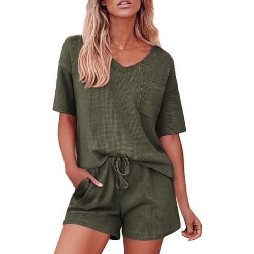 Ekouaer Pajamas for Women Waffle Knit Lounge Set 2 Piece PJS Short Sleeve Top and Shorts Matching Loungewear with Pockets