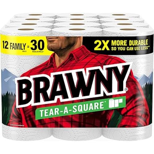 Brawny Tear-A-Square Paper Towels, 12 Family Rolls = 30 Regular Rolls, 2X More Durable*, 3 Sheet Sizes, Strong and absorbent extra-large roll