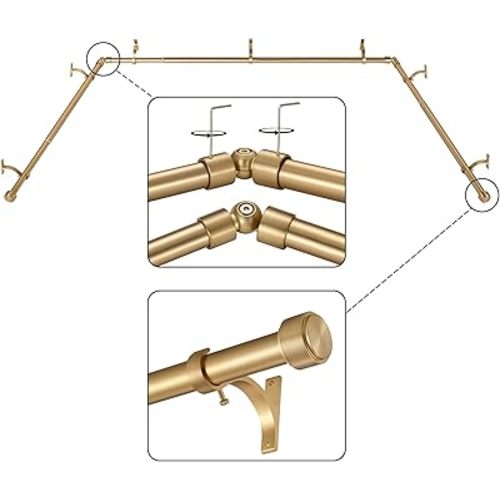 Warm Gold Bay Window Curtain Rods with Aluminum End Cap Finials and Brackets,Adjustable 36-72 Inch Center Rod for windows (24-68’’), 20-36 Inch Side Rods for windows (16-32’’),1 Inch Diameter
