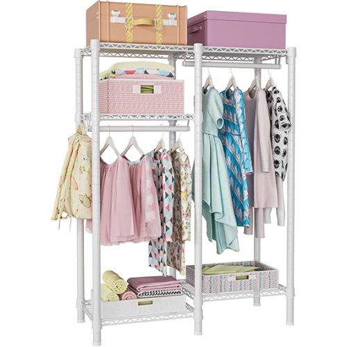 Ulif F1 Garment Rack for Kids, Baby, Students, and Children's Room, 4 Tiers Freestanding and Portable Heavy Duty Closets, Small Metal Clothes Rack with 2 Hanging Rod, 31.2" W x 11.8" D x 48" H, White