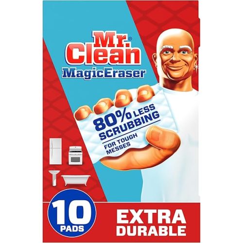 Mr. Clean Magic Eraser, Extra Durable, Multi Purpose Cleaner, Shoe, Bathroom, Shower, and Car Window and Windshield Cleaner, Cleaning Pads, 10 Count
