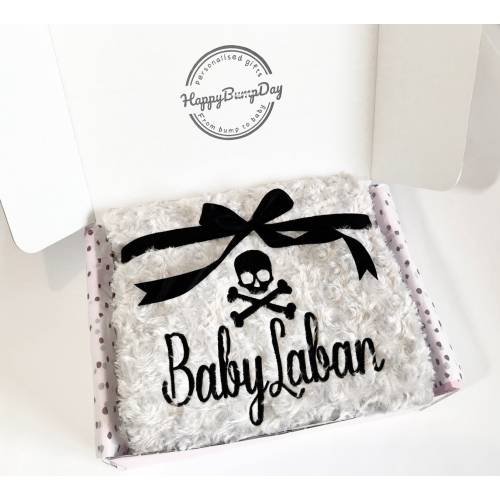 Personalised embroidered baby blanket, skull and cross bones, goth baby, skull blanket, baby grow set, mum to be, baby shower, metal baby