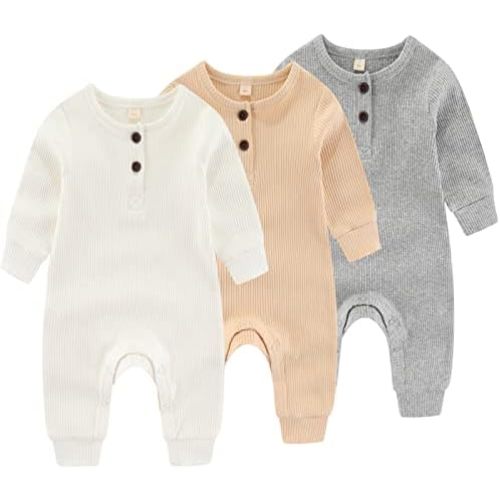 Newborn Baby Boys Girls One Piece Romper With Mitten Cuffs 3 Pack Long Sleeve Ribbed Button Jumpsuit Outfit Clothes