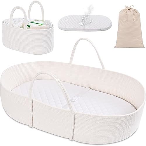 Changing Baskets Set, Moses Basket with Pad and Diaper Caddy,Set of 2 Baskets,Portable Cotton Rope Woven Basket,Replaceable Pad,Gifts for Newborn 28.7" x 15.7" x 7.8"（White）