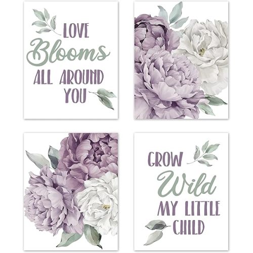 Sweet Jojo Designs Lavender Purple Boho Shabby Chic Floral Girl Wall Art Prints Room Decor Baby Nursery Kids Lilac Off White Ivory Cream Bohemian Vintage Garden Watercolor Flower Nature Sage Green