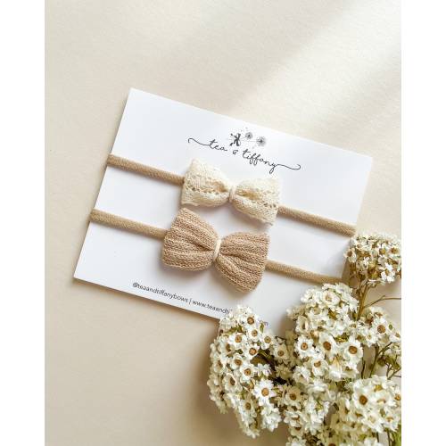 Petite Bow Set, Ivory // Newborn Baby Headbands, Knitted Petite Hand Tied Baby Bows, Girls Bows, Baby Hair Clip, Hair Bows.