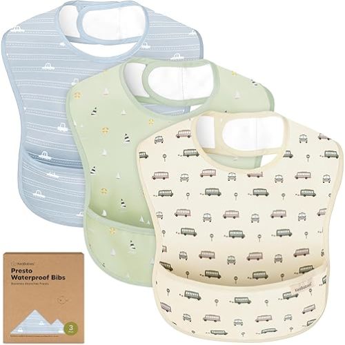 3-Pack Waterproof Baby Bibs for Eating - Lightweight Toddler Feeding Bibs with Large Food Catcher, Mess Proof, Food-Grade Baby Eating Essentials, Easy to Put On & Clean (Vessels)
