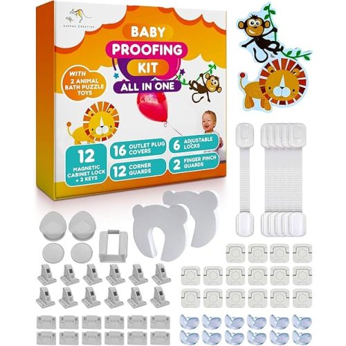 Baby Proofing Kit 67pcs All in One Includes Magnetic Cabinet Locks for Baby Proofing, Corner Bumper Protectors, Child Safety Strap Locks, Power Point Outlet Covers, Finger Pinch Guards & Bath Toys
