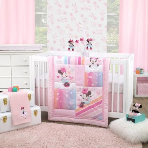 Nojo Disney Minnie Mouse Be Happy Pink, Lavender, Aqua And Orange 3 Piece Crib Bedding Set - Comforter, Fitted Crib Sheet And Bed Skirt
