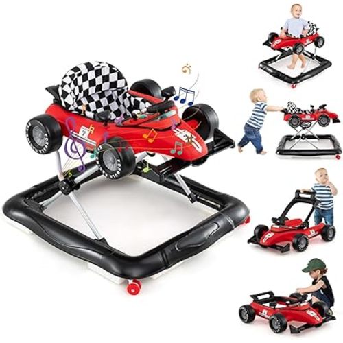 HONEY JOY Baby Walker, 4-in-1 Foldable Infant Activity Push Walker, Toddler Car Walker with Adjustable Heights, Music, Lights, Padded Seat, Baby Walker with Wheels for Boys Girls 6-18 Months (Red)