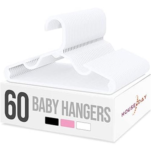 HOUSE DAY Plastic Baby Hangers for Closet 60 Pack, Durable Plastic Kids Hangers for Baby Clothes, Thin & Compact Childrens Hangers, Space Saving White Baby Hangers, Small Hangers for Kids Clothes