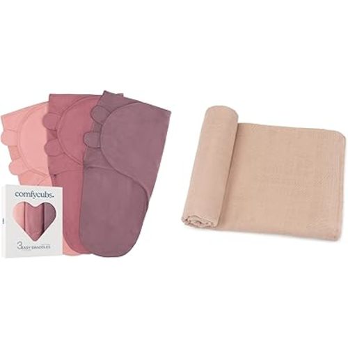 Comfy Cubs Swaddle Blanket Baby Girl Boy Easy Adjustable 3 Pack and Muslin Swaddle Blankets Bundled