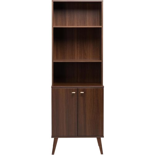Prepac Milo Mid-Century Modern Tall Bookcase with Adjustable Shelves, Two Doors, and Brushed Brass-Finished Knobs