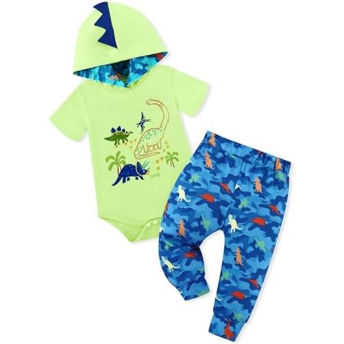 Newborn Boy Summer Outfits Animal Print Short Sleeve Romper with Hoodie & Pants Infant Clothing Set