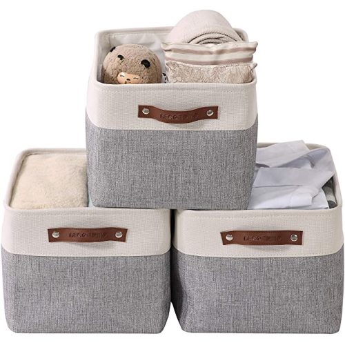 DECOMOMO Storage Bins | Fabric Storage Basket for Shelves for Organizing Closet Shelf Nursery Toy | Decorative Large Linen Closet Organizers with Handles Cubes (Grey and White, Large - 3 Pack)