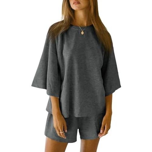 Tankaneo Womens Pajama Sets 3/4 Sleeve Oversized Tops and Elastic Waist Shorts Lounge Sets Loungewear