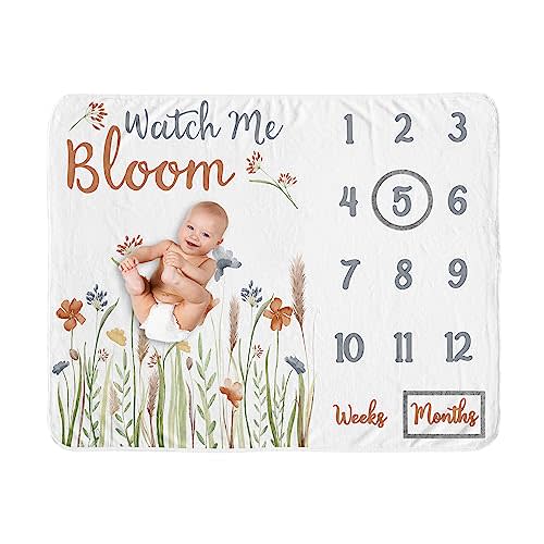 Sweet Jojo Designs Boho Floral Garden Flower Girl Baby Milestone Blanket – Newborn Monthly First Year Photo Growth Infant Memory Gift Set Sage Green Watercolor Bohemian Wildflower Vintage Shabby Chic