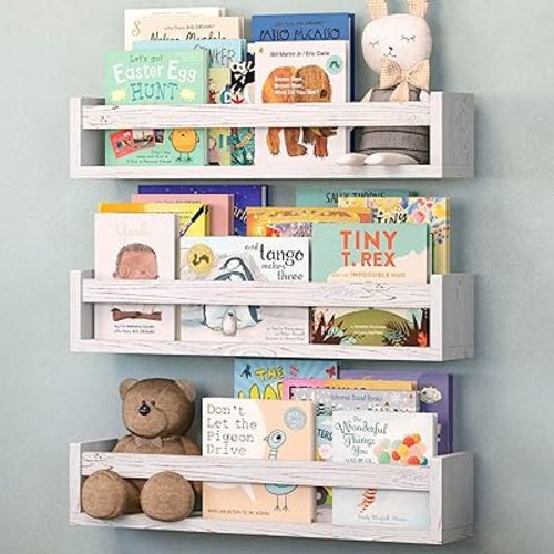 NATURE SUPPLIES Set of 3, 23.1" Whitewashed Floating Shelves for Wall, Kids Bookshelf for Bedroom, Nursery Storage, Decorative Wall Shelves for Kids Rooms, Modern Nursery Décor, Space-Saving Design