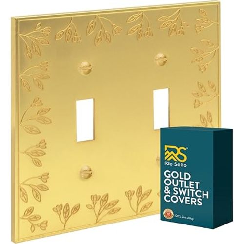 Rio Salto Metal Floral Decorative Double Toggle Light Switch Cover Plate Flower Covers Flip Switch Wall Plates Two Toggles Yellow Gold 2-Gang Toggle (1-Pack)