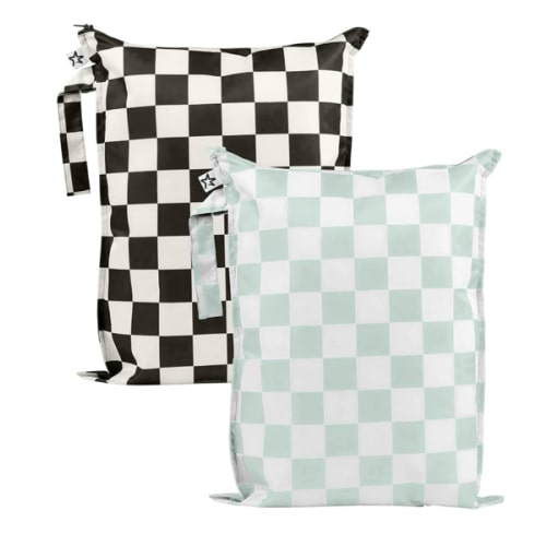 Tiny Twinkle Mess-Proof Waterproof Wet Dry Bag | 2-Pack Reusable Wet Bags for Swimsuits & Baby Clothes | Leakproof Wet Bag for Travel & Diaper Changes for Baby (Black, Green Checkers)