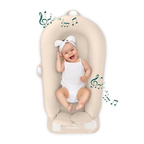 MyBaby 3-in-1 Calming Baby Cushion, Soothing Comfort for Newborns & Infants, Snuggling Sensation, Sound and Vibration, Designed for Safety, Rechargeable & Machine-Washable, by Homedics, Tan