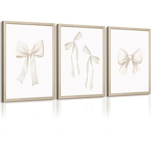 Bow Wall Art Coquette Room Canvas Decor Beige Bow Poster Preppy Wall Deocr Aesthetic Pictures Coquette Girly Posters Nursery Art Prints for Girls Bedroom 16x24 Inch Wood Framed Set of 3