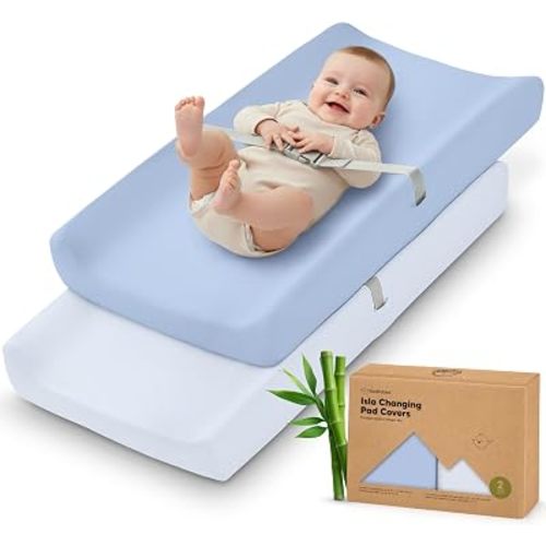 2-Pack Baby Changing Pad Cover for Girl, Boy - 34x18 Soft Viscose Derived from Bamboo Baby Diaper Changing Table Pad Cover Sheets, Neutral, Snug Fit Nursery Diaper Change Sheets (Blue Flax)