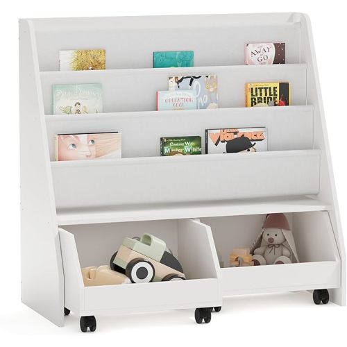 NACHES Kids Bookshelf,Toddler Bookcase Toy Bin with 1 Drawer 3 Sling Pockets –Children Bookshelf with Storage for Bedroom,Nursery or Playroom FSC Wood,Trapezoid 35" W, White (1 Movable Drawer)