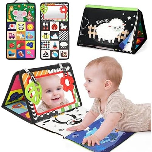 BBWOO Tummy Time Toys, Black and White High Contrast Baby Toys for Newborn, Baby Visual Stimulation Mirror, Montessori Crinkle Book for Infant 0-3-6-12 Months, Boy Girl Shower Gift