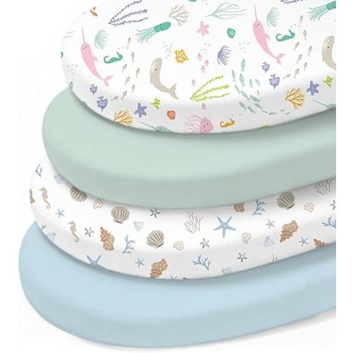 Little Grape Land Baby Bassinet Sheet Sets, 4 Pack Universal Fitted Bassinet Sheets, Breathable Microfiber for Bassinet Mattress (33"x18"x4"), Ocean/Shell/Mint/Blue