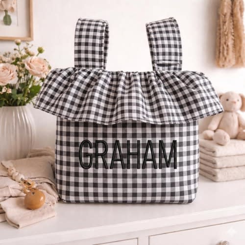 Personalized Ruffle Stroller Caddy Bag | Baby Shower Gift | Mom Tote Organizer | Black and White Gingham Check Stroller Bag