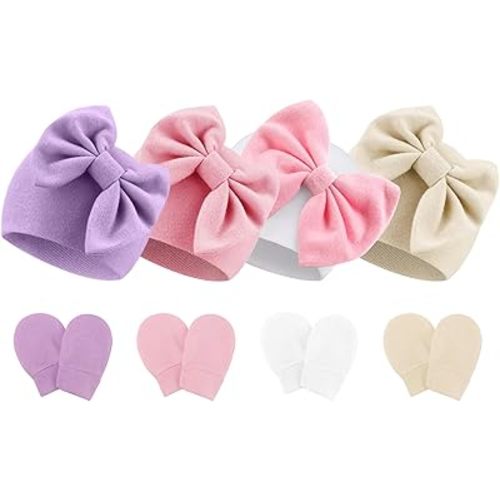 Newborn Baby Hats and Mittens Set Infant Bow Beanie Cap Toddler Gloves Newborn Hospital Hats for Baby Boy Girl 0-6 Months