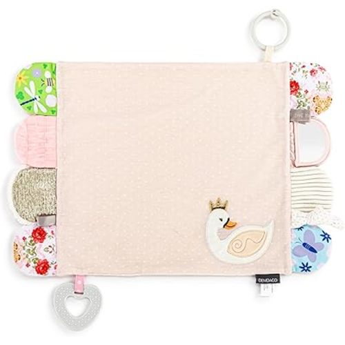 DEMDACO Mommy & Me Colorful 17 x 11.5 Inch Textured Fabric, Teething Ring, Tactile, Stroller Clip-on, Activity Blanket, Blankie, Pink, Swan