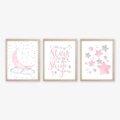Girl Moon and Stars Nursery Decor Set of 3, Girl Nursery Decor, Watercolor Stars and Moon Nursery Prints, Girl Nursery Art, Girl Bedroom Art