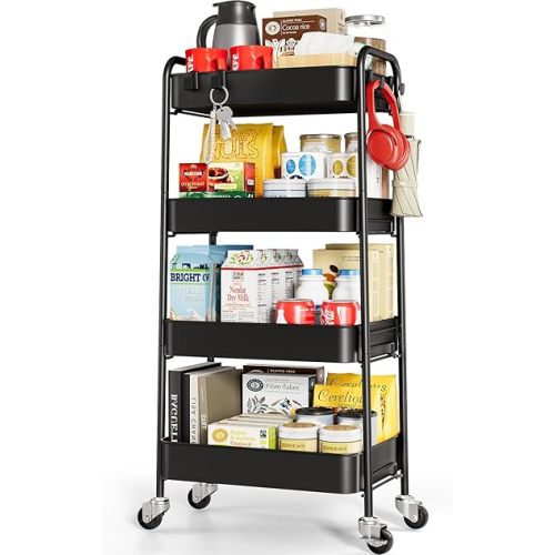 TOOLF 4-Tier Metal Rolling Cart with Wheels, Storage Utility Organizer Cart for Kitchen, Bathroom, Office, Baby Essentials & Makeup - Lockable Casters, Easy Assembly, Large Capacity, Black