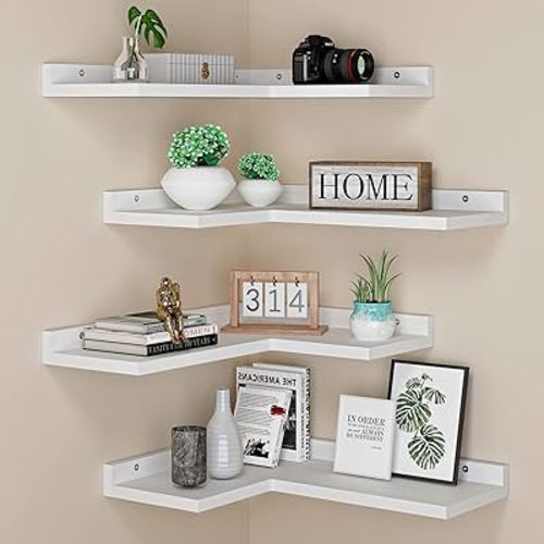 4 Tier Floating Corner Shelves White Set of 4, Rustic Pine Wooden Floating Corner Wall Shelf for Wall Décor Storage, L Shaped Corner Shelf Wall Mount for Bedroom, Living Room, Bathroom, Kitchen